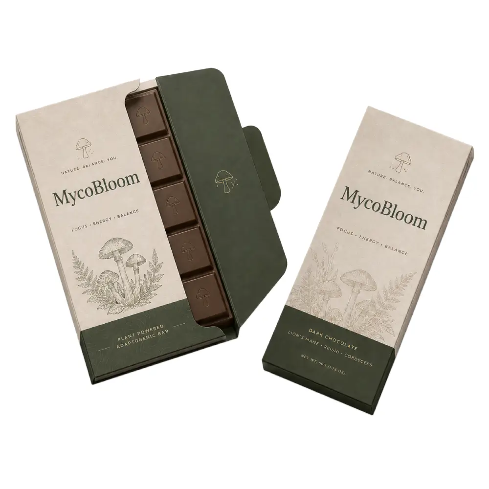 Envelope Mushroom Chocolate Bar Packaging With Sleek Design Style
