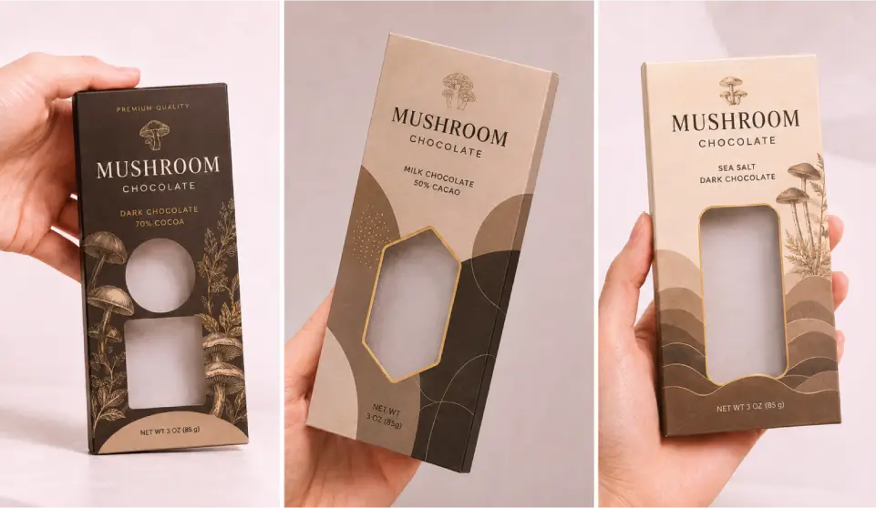 Window Cut-Outs With Mushroom Chocolate Bar Packaging Visibility