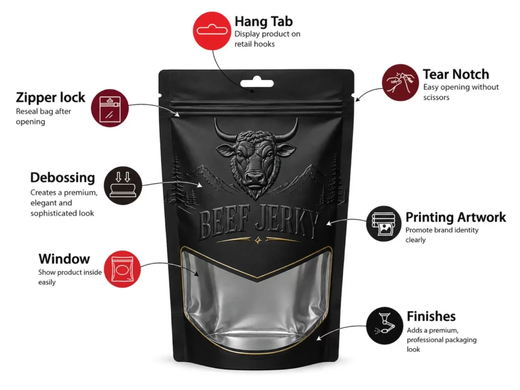 Beef Jerky Pouches Infographic Features With Packaging Details