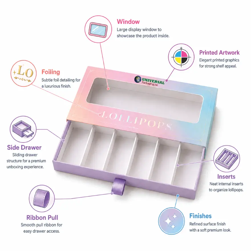 Custom Lollipop Boxes Infographic Features With Packaging Details