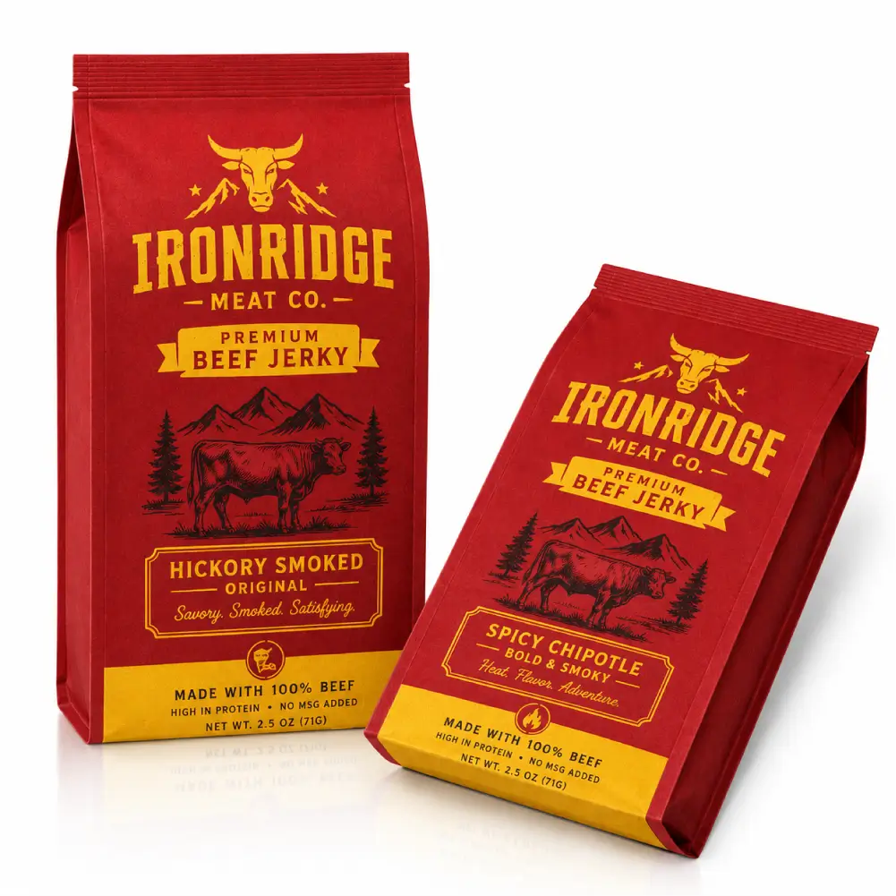 Gusseted Beef Jerky Pouches With Expanded Food Packaging