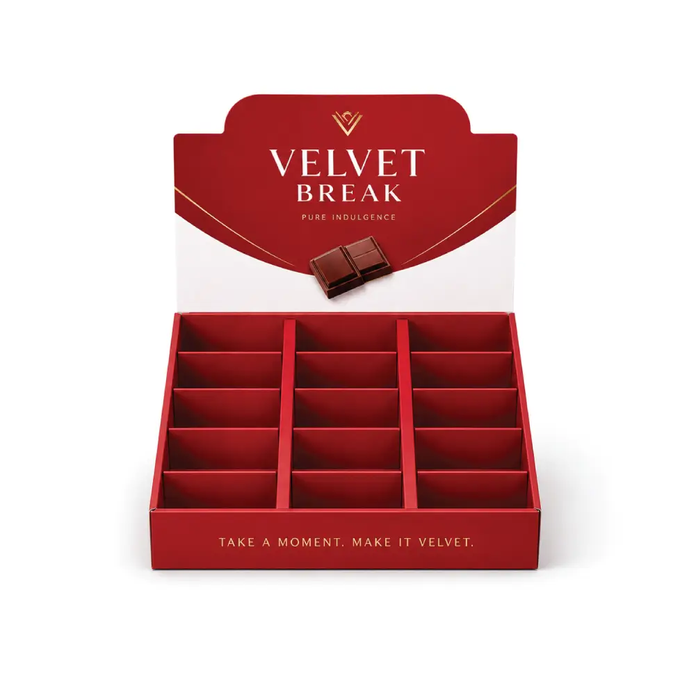 Multi-Pocket Display Boxes With Organized Chocolate Product Sections