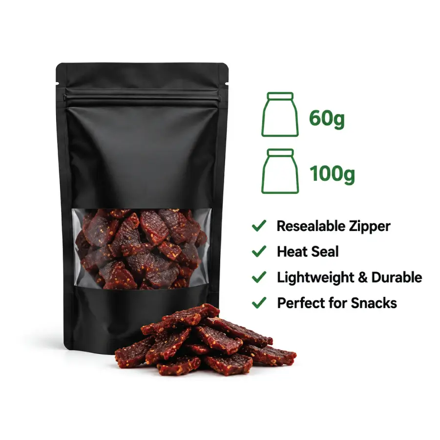 Standard Pouch thickness for 60g–100g jerky bags