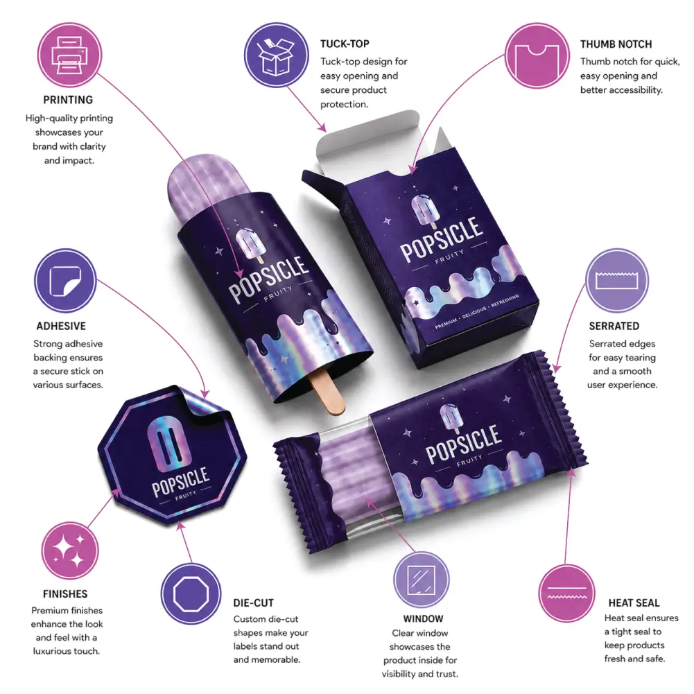 Custom Popsicle Packaging Infographic Features With Packing Details