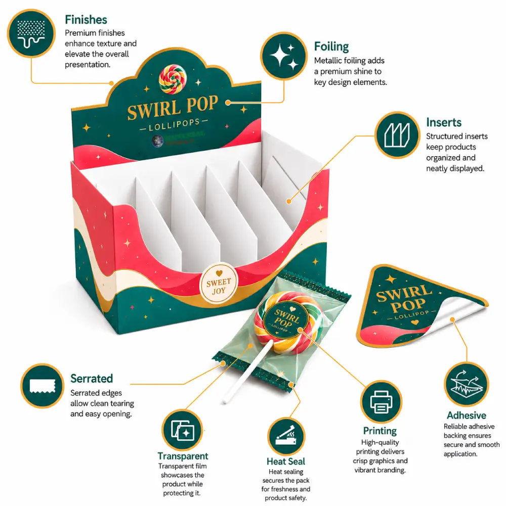 Lollipop Packaging Infographic Features With Product Details
