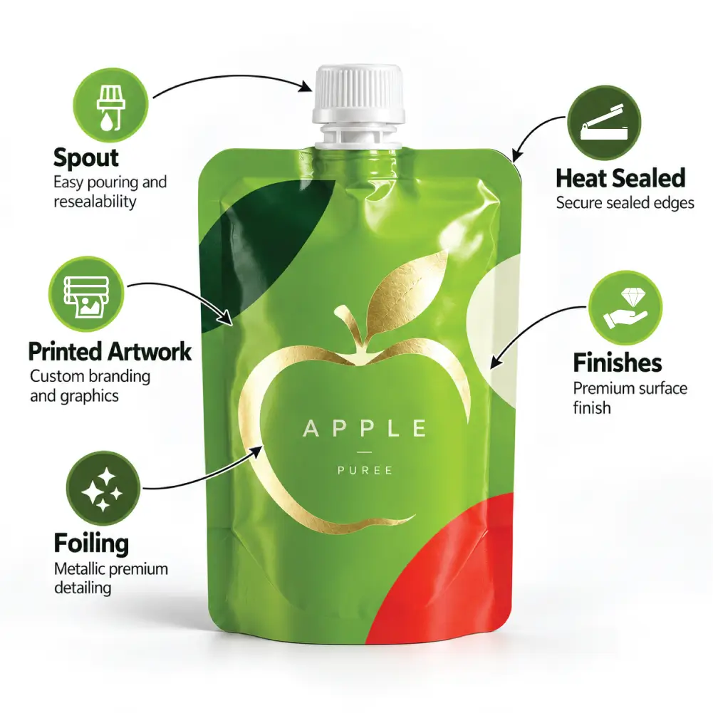 Apple Sauce Pouches Features Infographic With Spouts, Seals, And Barrier Films