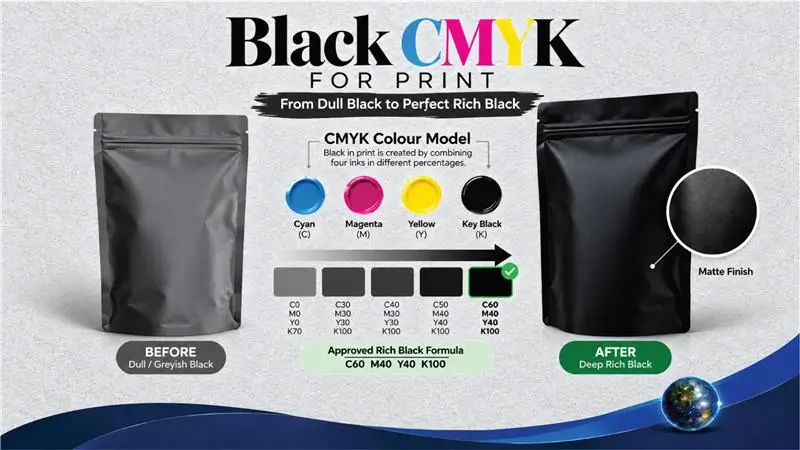 Black CMYK color for professional printing with rich black and standard black color values.