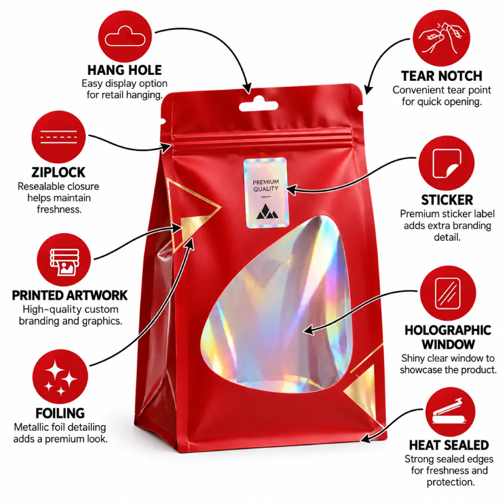 Custom Sticker Mylar Bags Infographic Features With Key Packaging Details