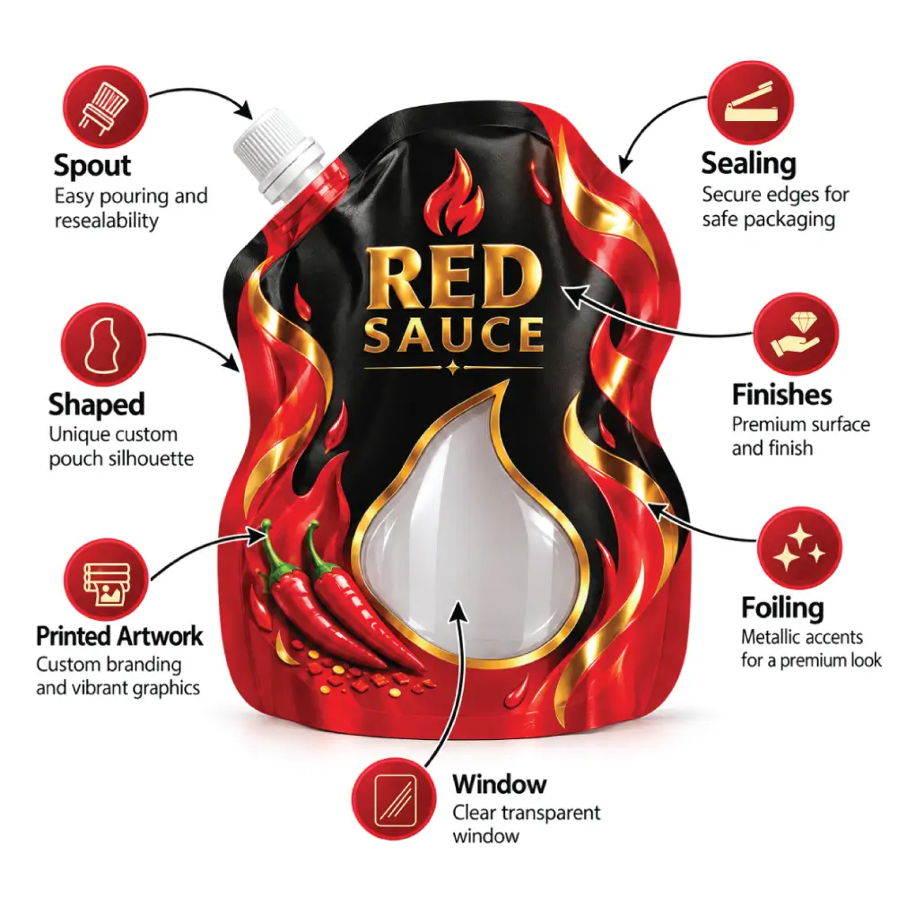 Sauce Pouch Packaging Infographic Features With Key Packaging Details