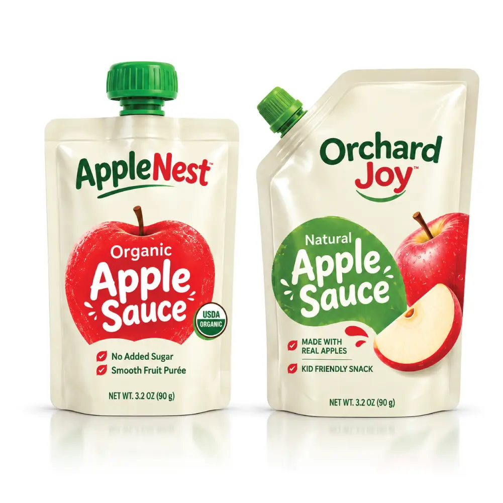 Spouted Apple Sauce Pouches With Convenient Caps And Printed Branding